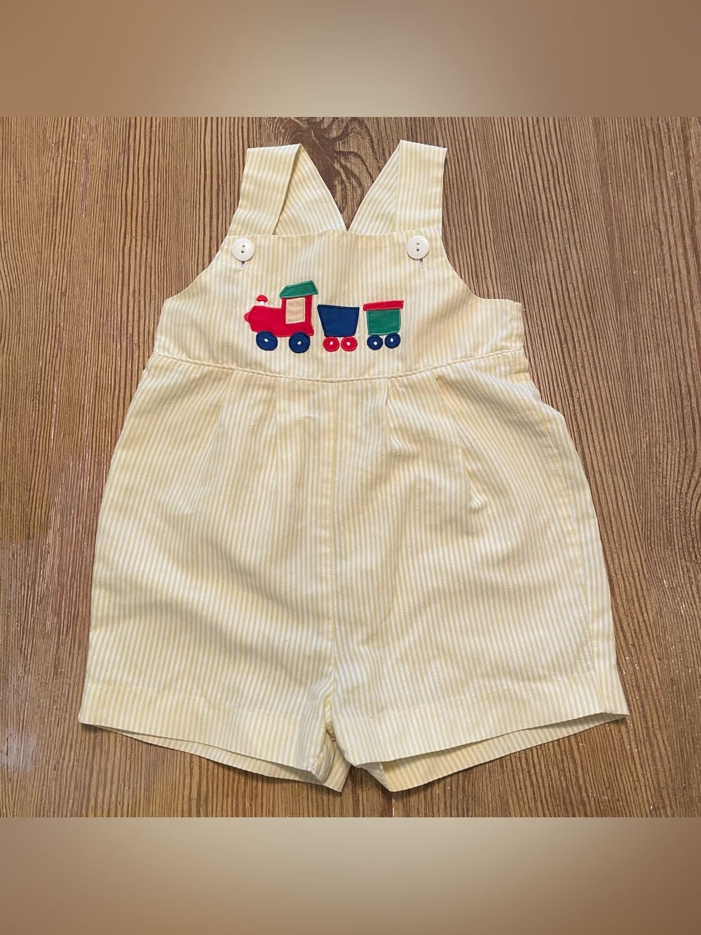 Vintage House of Hatten Inc Yellow Striped Toddler Shortalls with Train Applique